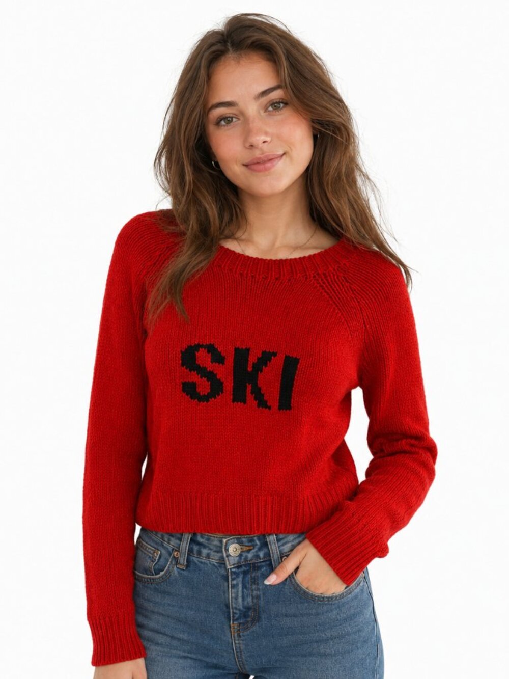 Forever 21 NWT Red Chunk Knit "SKI" Statement Sweater - Medium